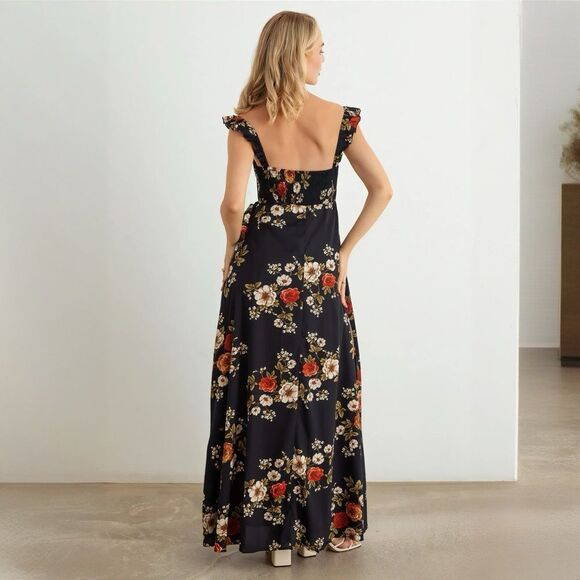 BUY NOW SALE Navy Floral Smocked Ruffle Strap Maxi Dress - Picture 6 of 11